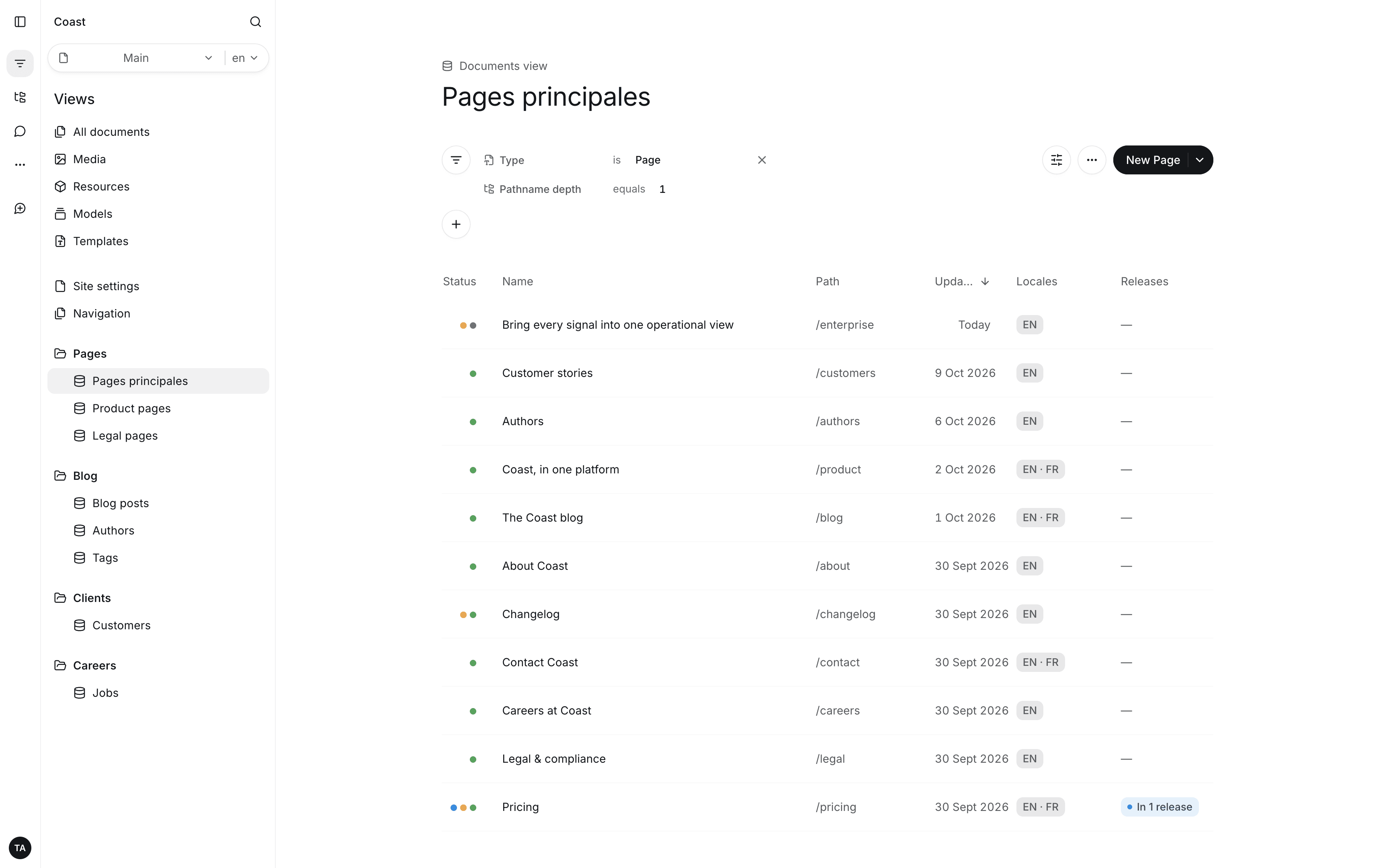 Storystick document view listing structured product pages.