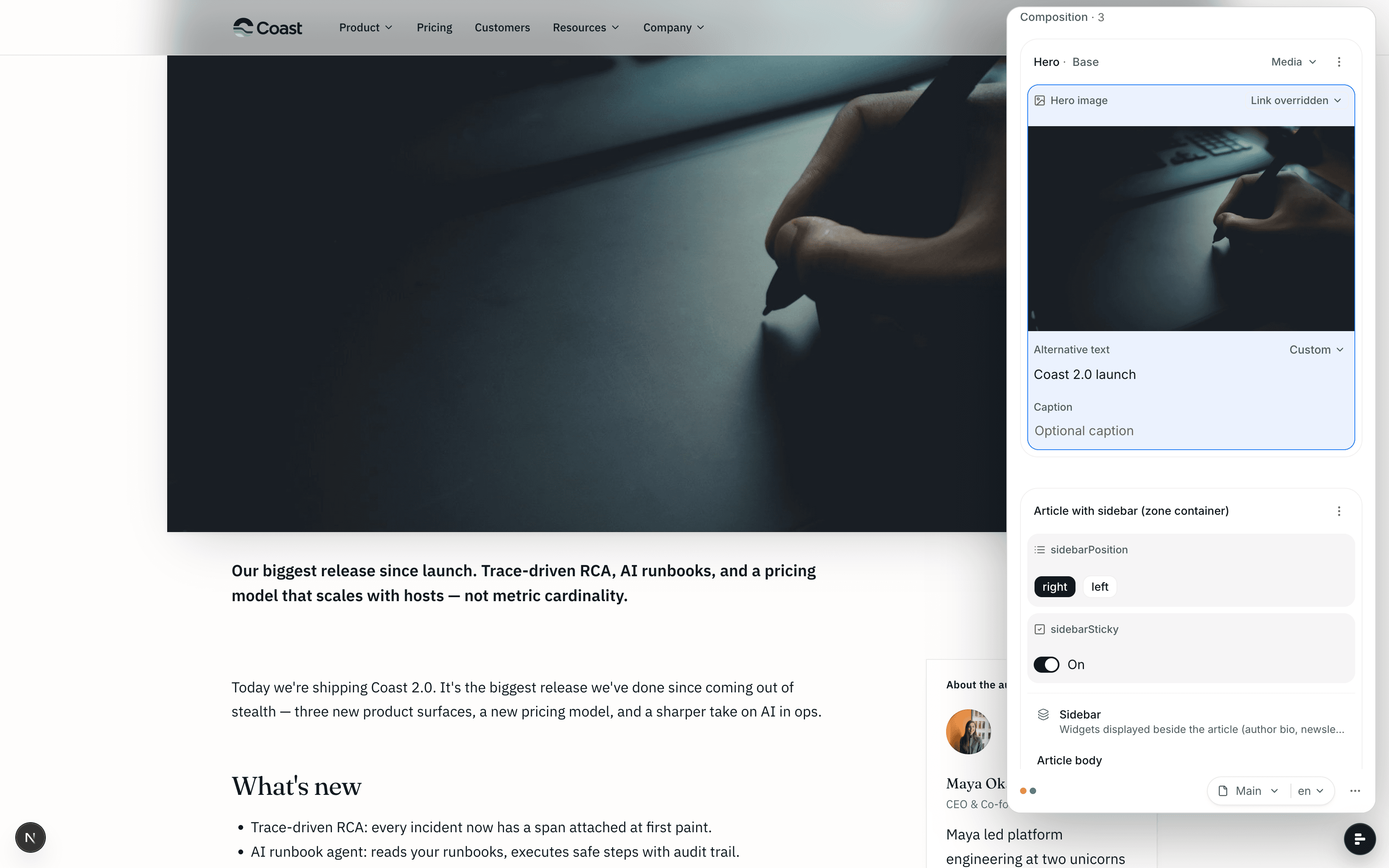 Storystick rich-text editor beside the real Coast website preview.