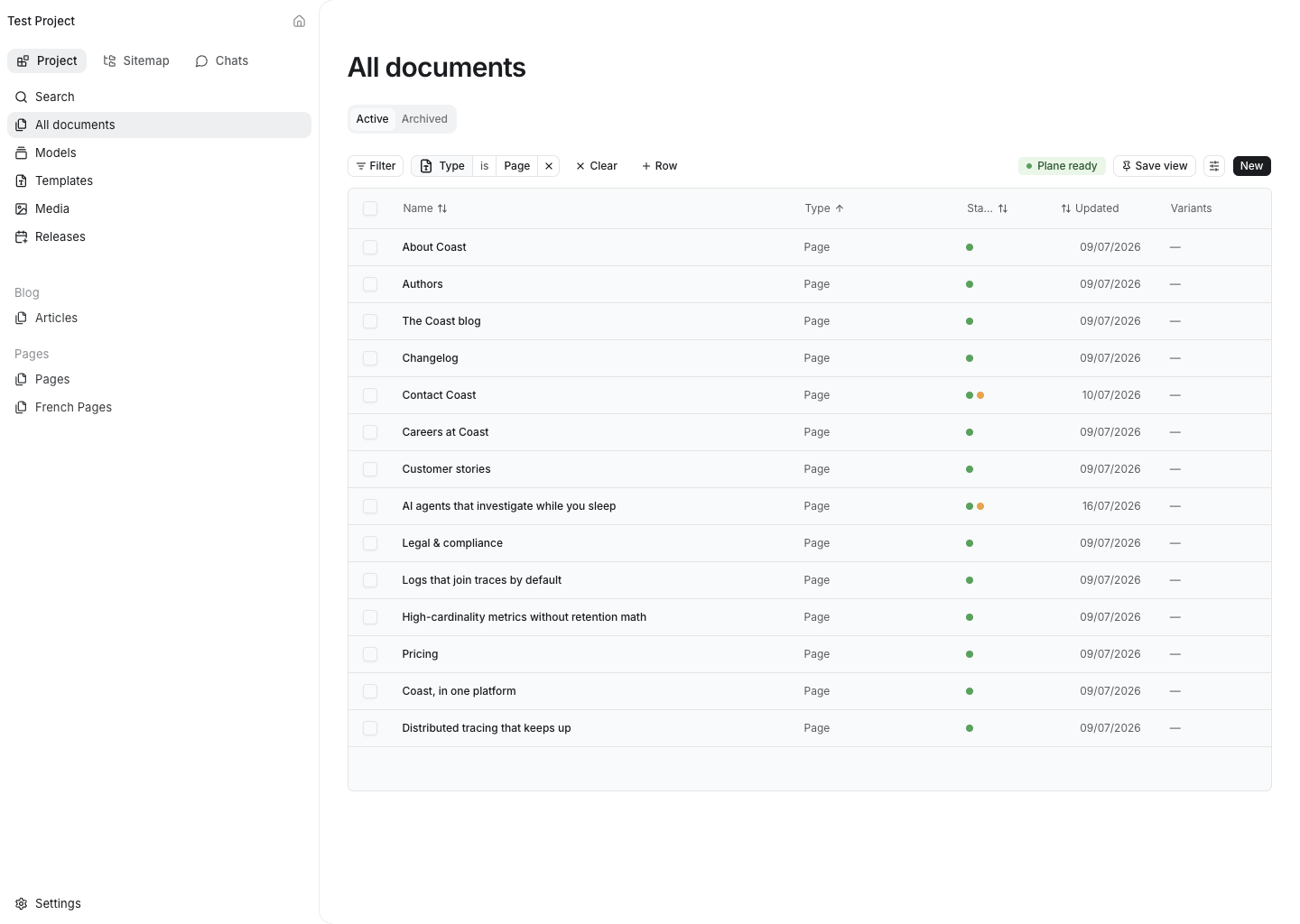 The real Storystick content library, showing pages and publication status