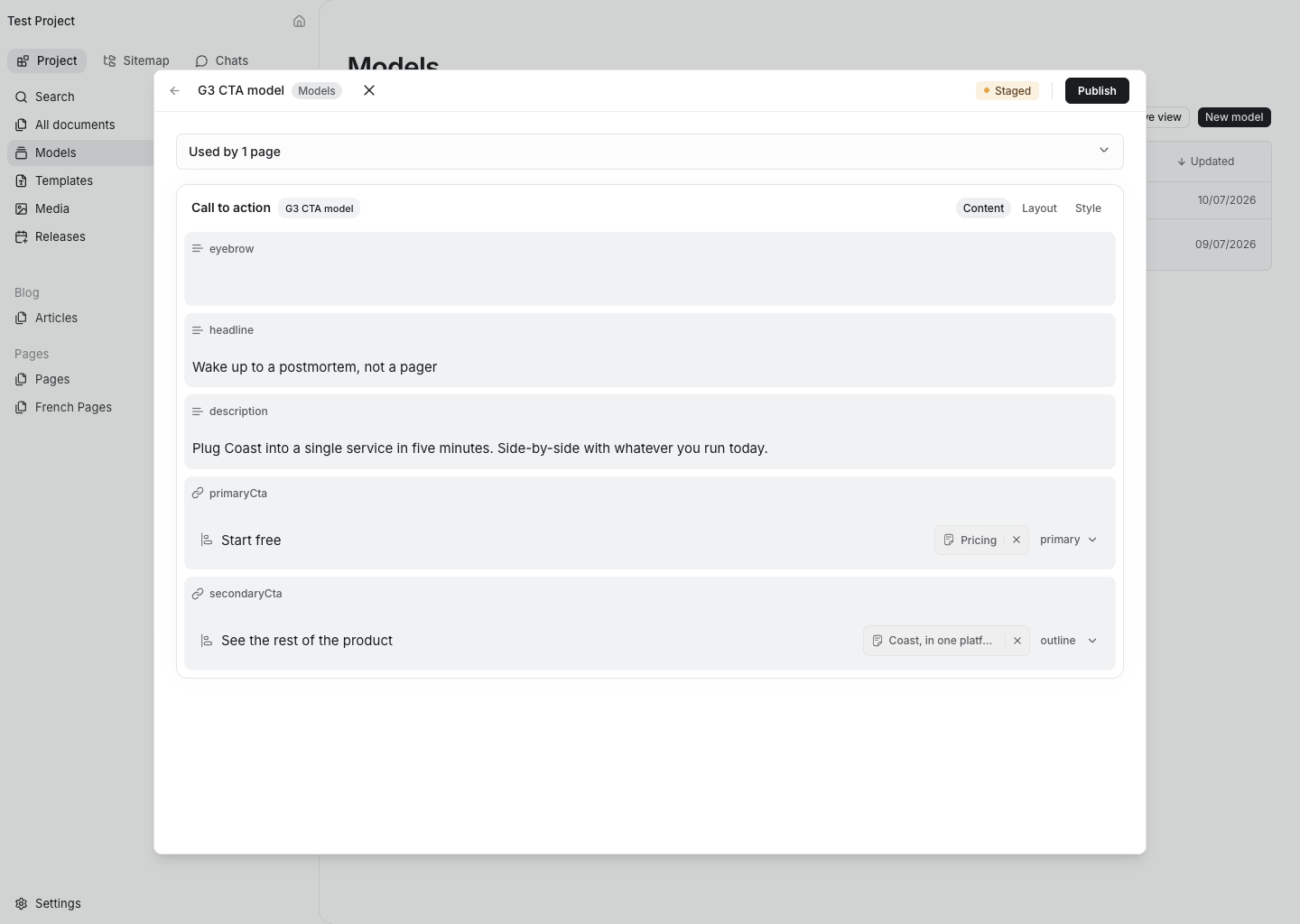 The real Storystick model editor, showing structured fields and linked content